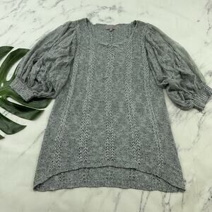 Pretty Angel Tunic Sweater Size M Silver Gray Lace Puff Sleeve Sequins Knit